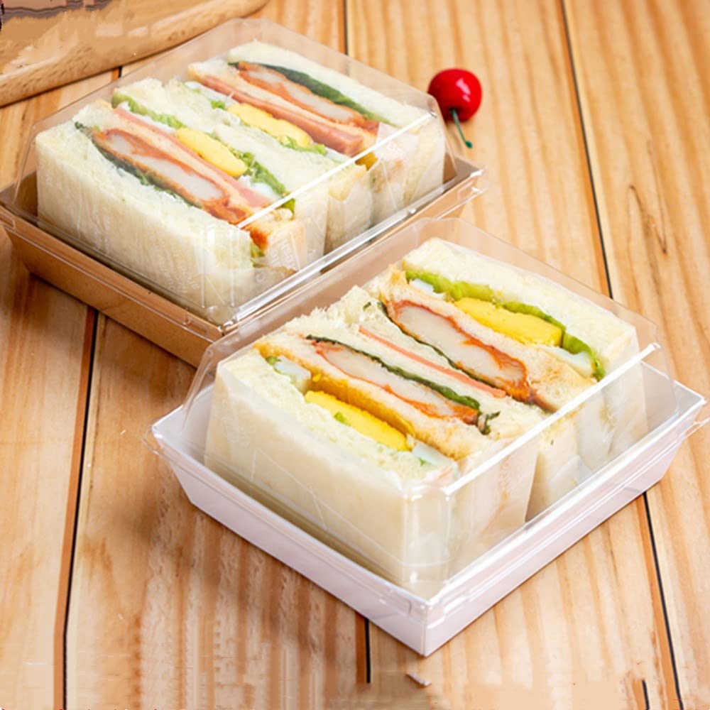 OUKEYI Set da 50 scatole per sandwich con coperchio trasparente, per torte, per muffin, formaggio, pasticceria, dessert, sushi, frutta, espositore per alimenti (carta kraft bianca)
