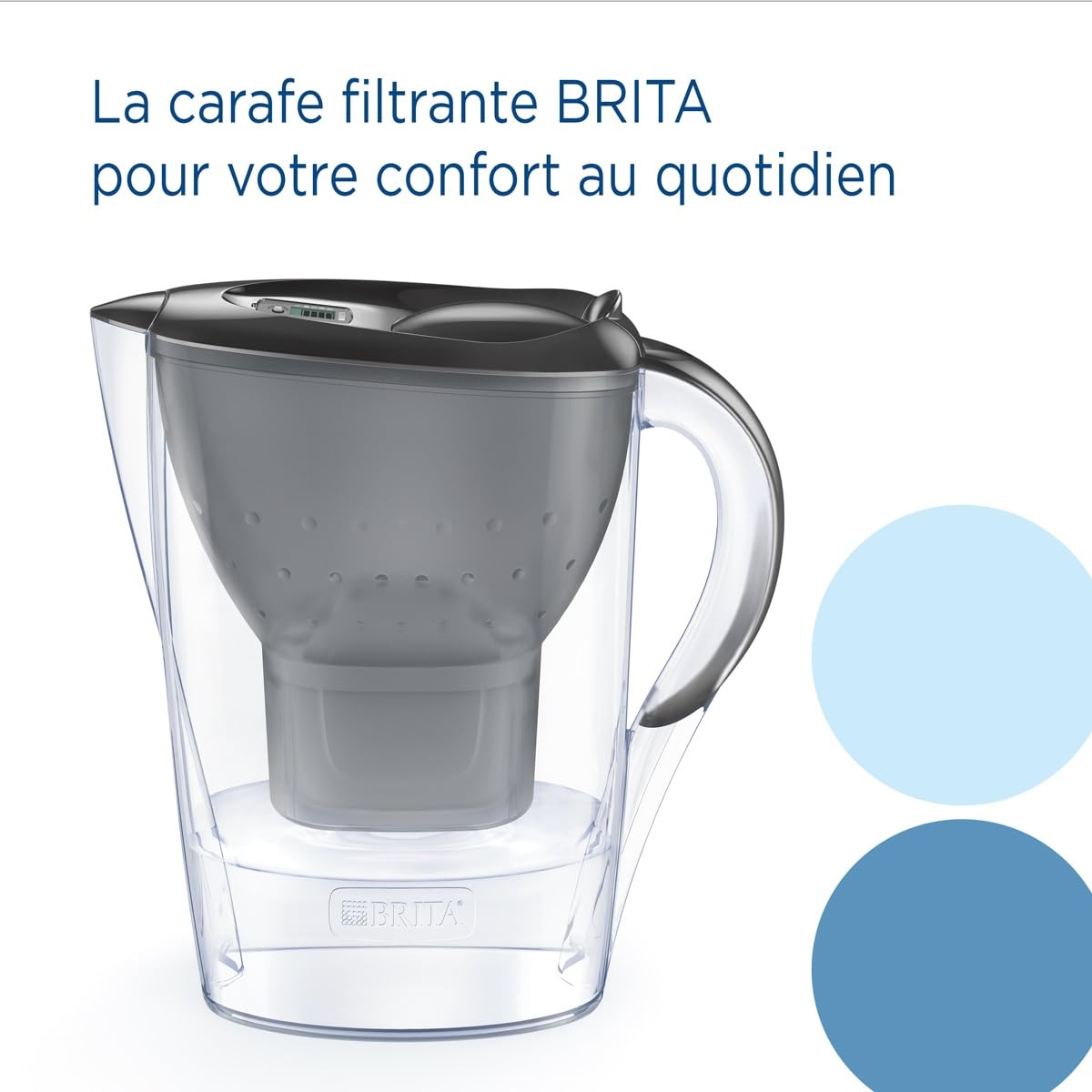 BRITA Carafe Filtrante Marella Graphite (2,4l) incl 6 cartouches filtrantes eau robinet MAXTRA PRO All-in-1 réduit PFAS, calcaire, chlore, certaines impuretés et métaux indicateur temporel
