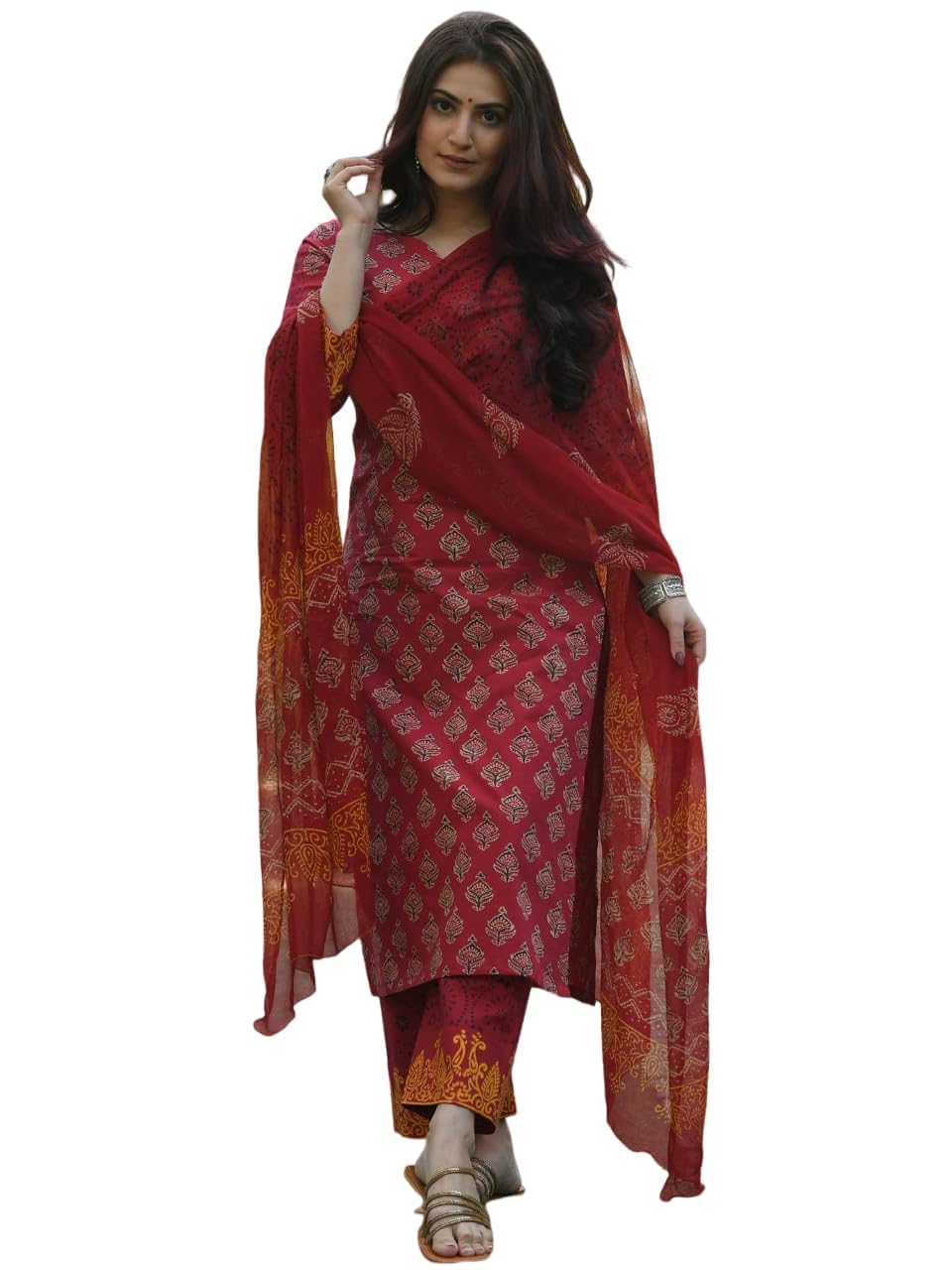 LookMark Women's Trendy Printed Cotton Blend Straight Kurta Pant Dupatta Set