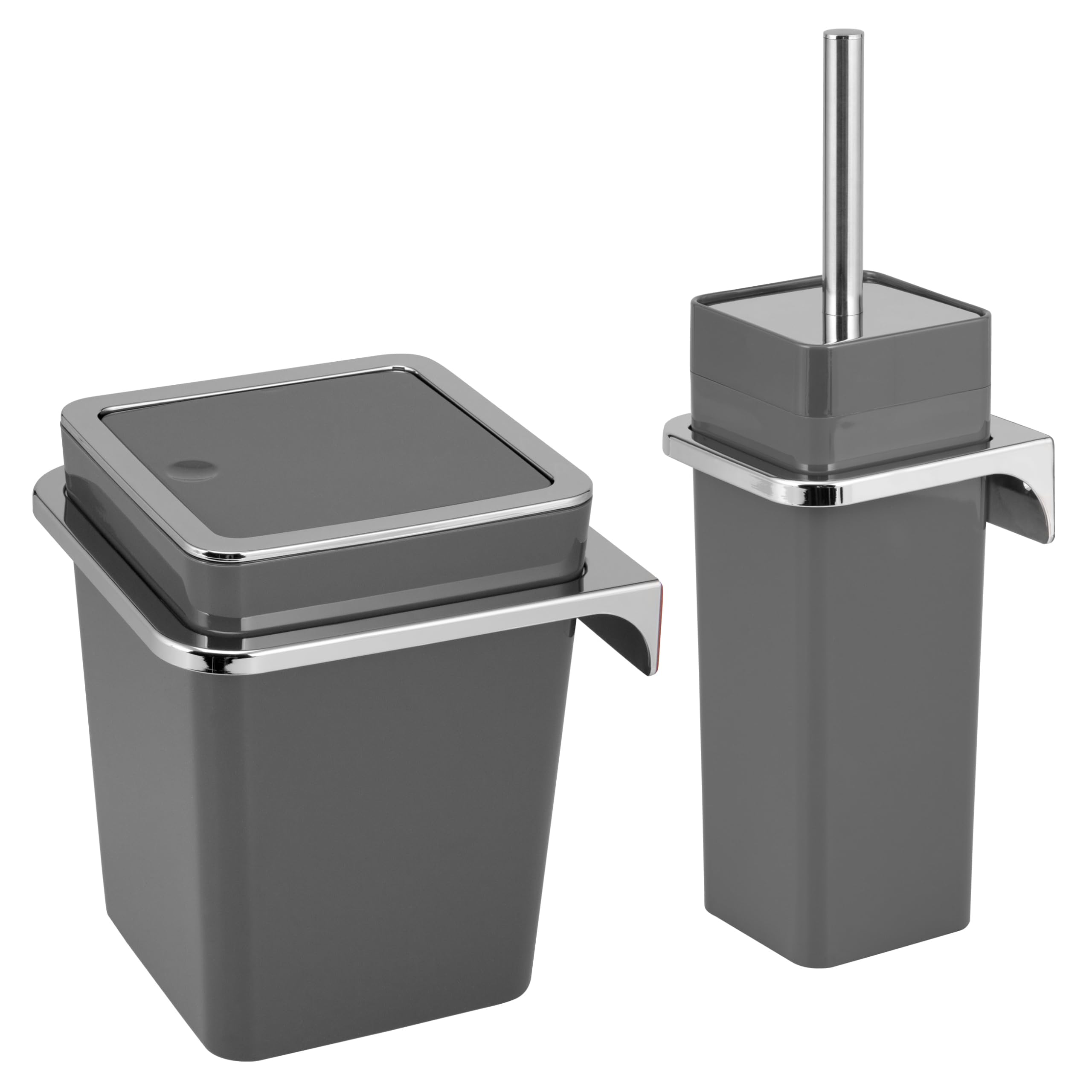 bremermann Savona Ensemble de Salle de Bain 2 pièces avec Poubelle de Salle de Bain 6 l et Brosse WC avec Support Mural carré (Plastique-Gris)