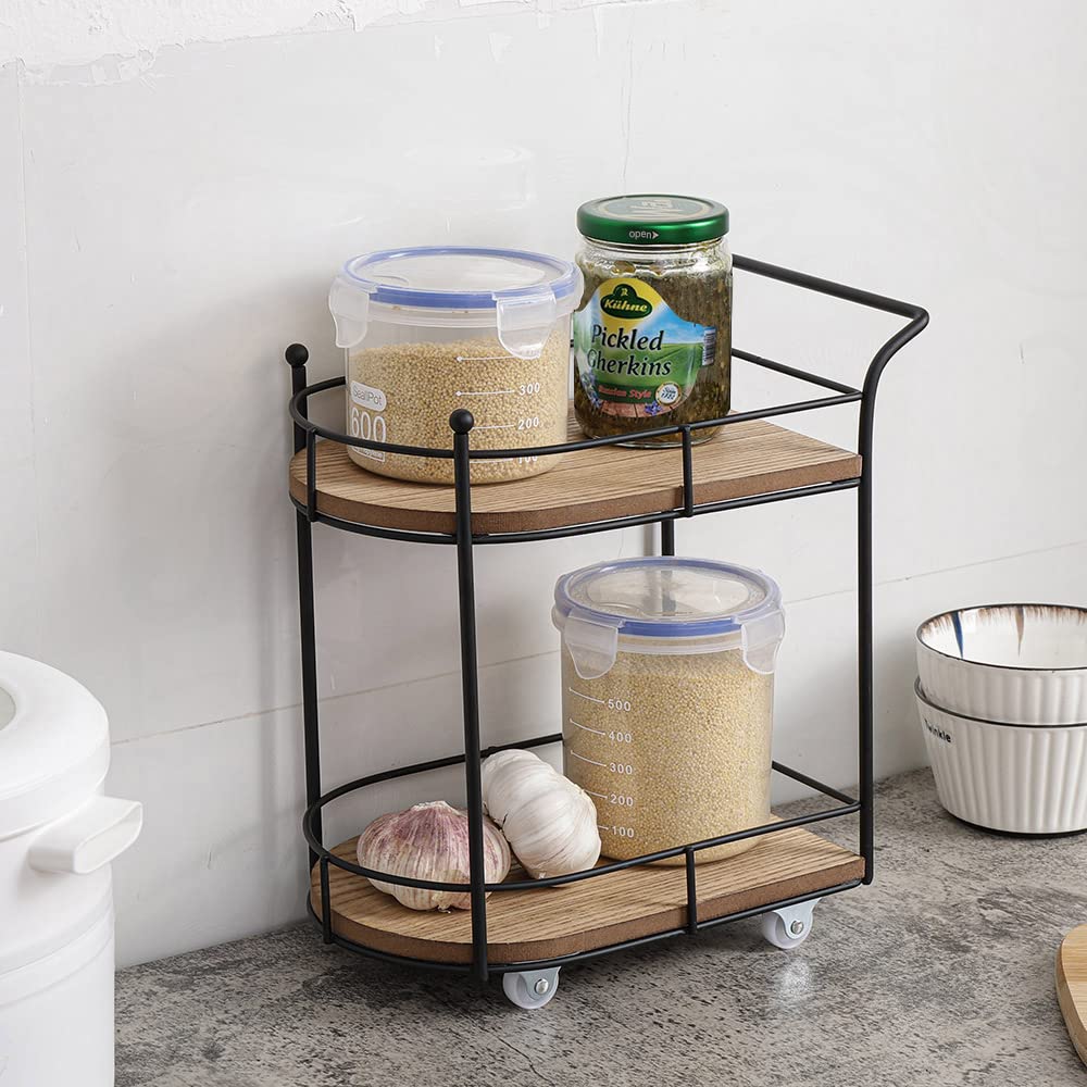 SunArtHome Two-Tier Matte Black Metal Wire/Wood Coffee Bar Cart - Mini Rolling Utility Cart Tiered Tray - for Coffee Bar Table Organizer,Home Kitchen Shelf, Farmhouse DÃ©cor