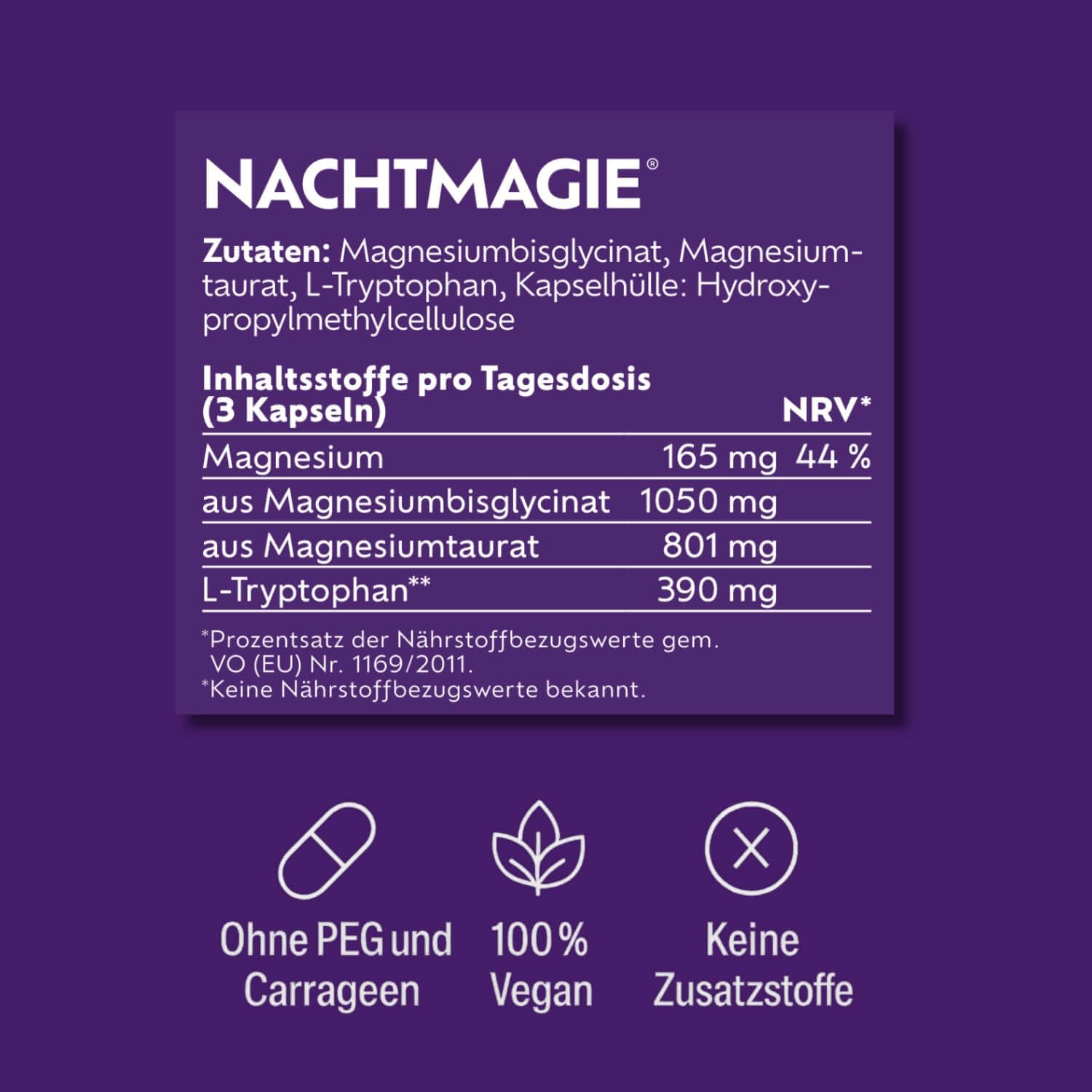 NACHTMAGIE® Kapseln für deine Abendroutine - mit Magnesiumglycinat, Magnesiumtaurat und L-Tryptophan - Hormonfrei: Sicher zur Langszeitaufnahme (200 Kapseln)