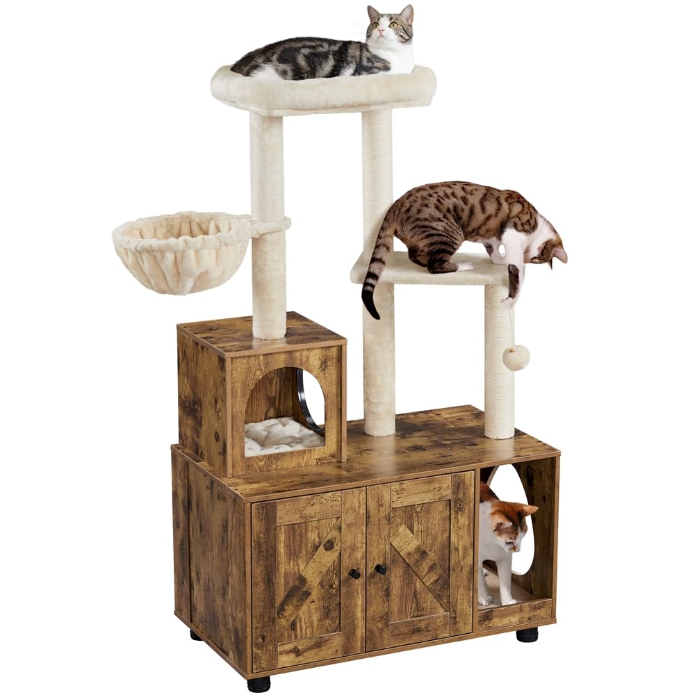 Yaheetech Albero Tiragraffi per Gatti 134,5 cm Mobile per Lettiera Multifunzionale Tutto in Uno Sisal Posatoio Condominio in Legno Marrone Rustico/Beige