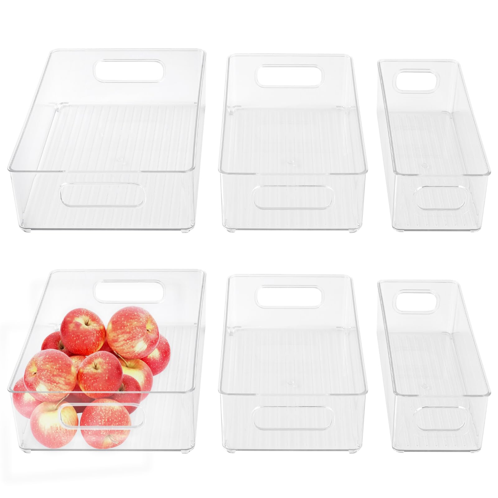 FUNSUEI Set di 6 organizer per frigorifero, 3 misure, contenitore per frigorifero, contenitore con manico, trasparente, organizer in plastica per la cucina