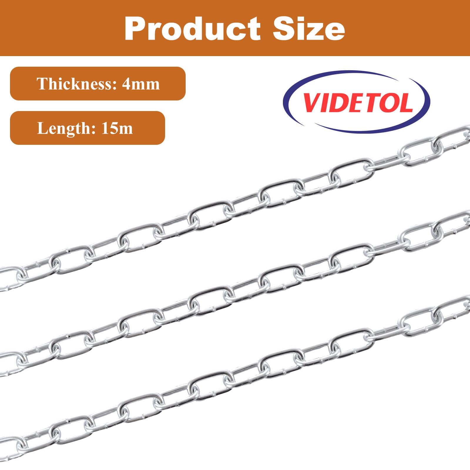 VIDETOL 15 Metres Length 304 Stainless Steel Chain, 4mm Heavy Duty Chain Links, Galvanized Steel Welded Link Chain Lift for Fence Gate, Garage Doors, Swing Chain and Bicycle Security Lock - Image 2