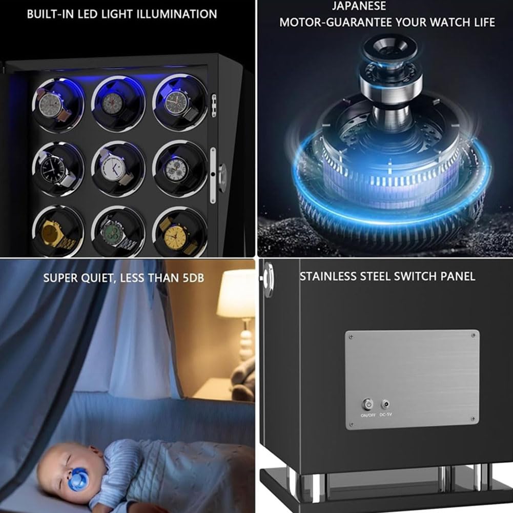 Relojero Automatico, Caja Relojes Automáticos Enrollado Vertical de 90° 3 Winding Slots | Desbloqueo Mediante Huella Dactilar Control Mediante Pantalla Táctil Iluminación Ambiental Ultrasilencioso <10 Db