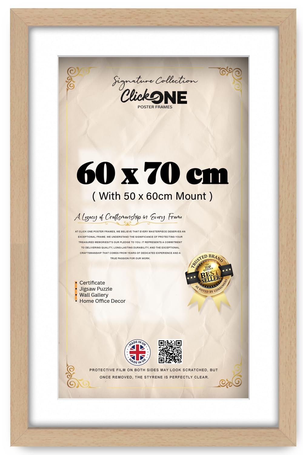 Click One Engineered Wood Finish Poster Frame 60 X 70 Cm With 60 X 50 Cm White Mount For Photos And Posters 28 X 24 Inch Beech Sleek Portrait And Landscape Wall Display For Home And Office Art