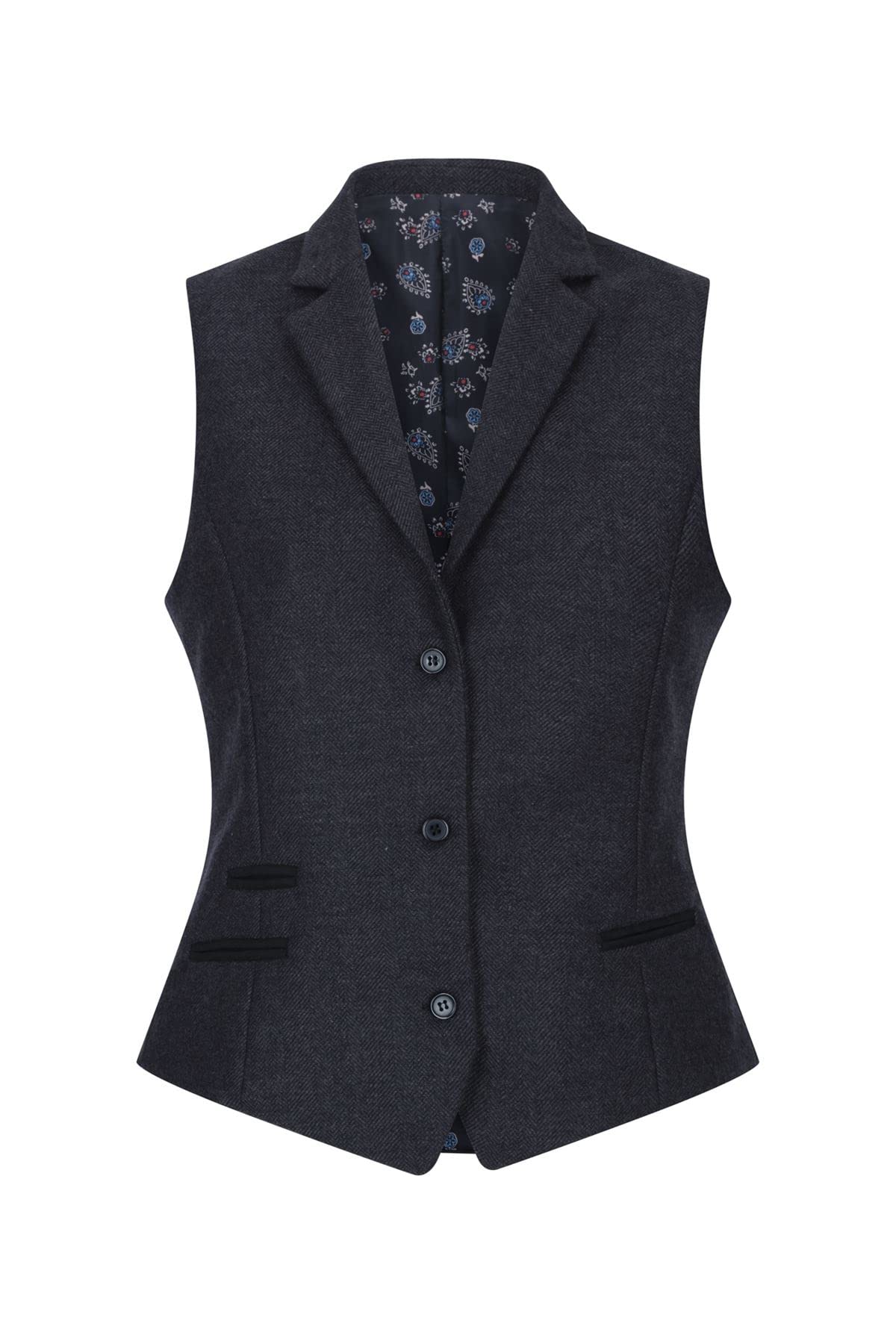 Womens Black Herringbone Check Tweed Waistcoat Wool Blend Vest