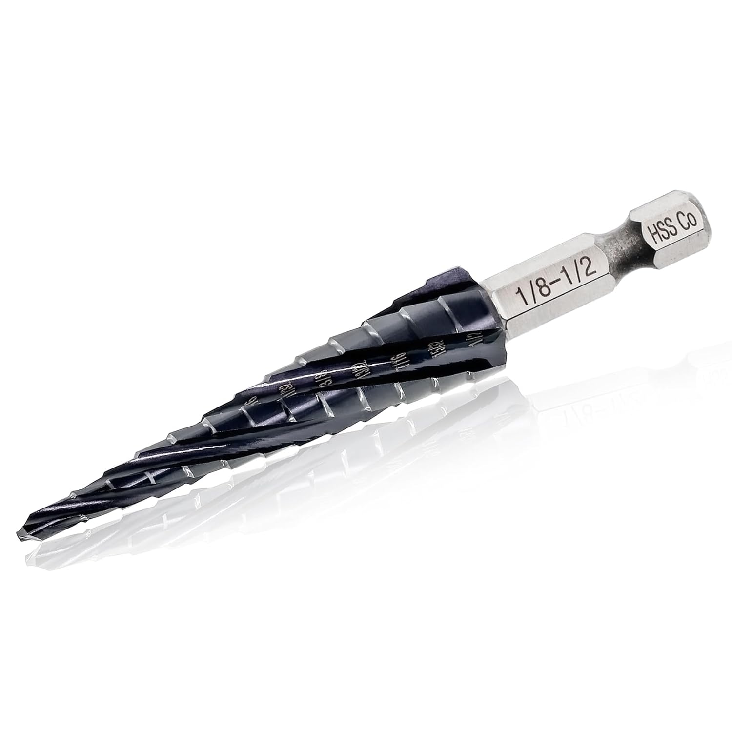 Step Drill Bits M35-1/8"- 1/2" Four Spiral Flute Cobalt Step Drill Bit 1/4" Quick Change Shank/Hex Shank High Speed Steel Drill Cone Bits for Metal Aluminum Stainless Steel Wood Plastic