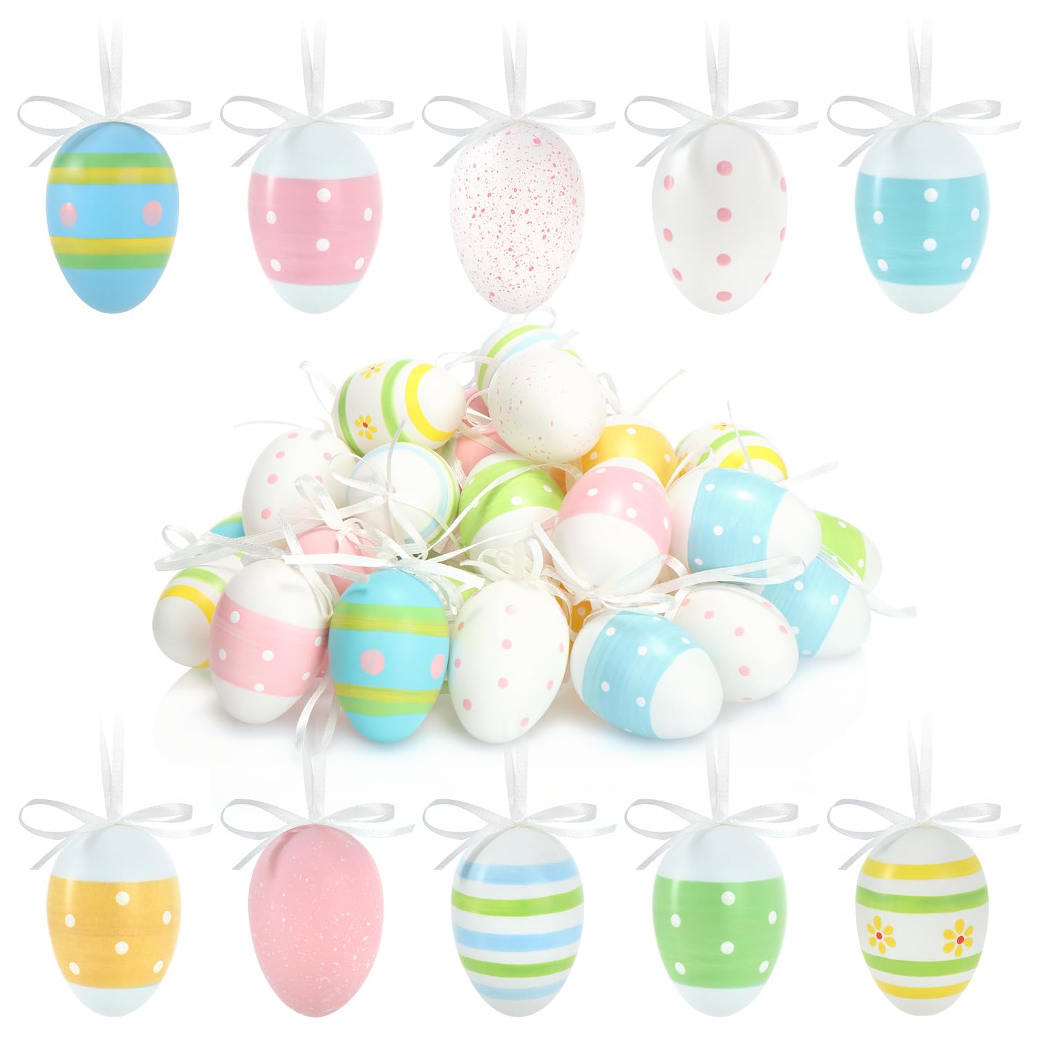 com-four® 36x Hand-Painted Easter Eggs to Hang Up - Pastel-Coloured Easter Decorations with Great Patterns - Decorative Easter Eggs with Ribbon - 6 cm