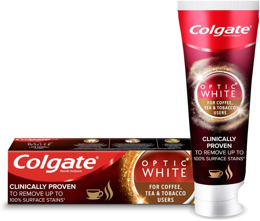Colgate Optic White for Coffee, Tea and Tobacco Users, Teeth Whitening Toothpaste, Stain Removing Whitening Toothpaste, 75mL