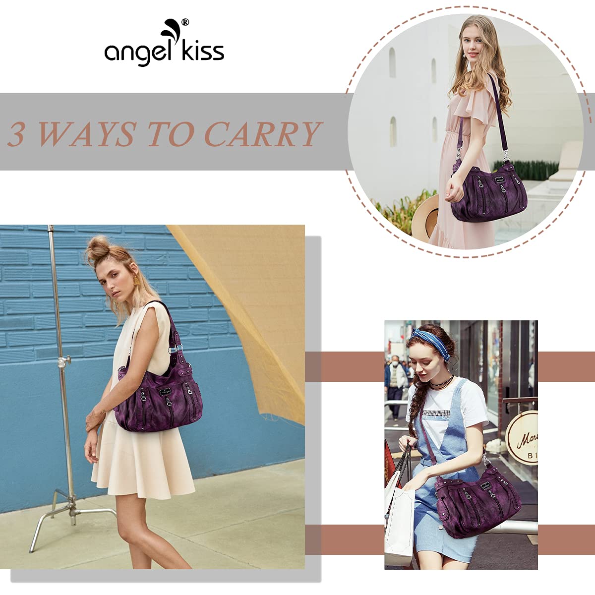 Angelkiss Duże torebki dla kobiet, sprane, sztuczna skóra, crossbody, hobo, na ramię