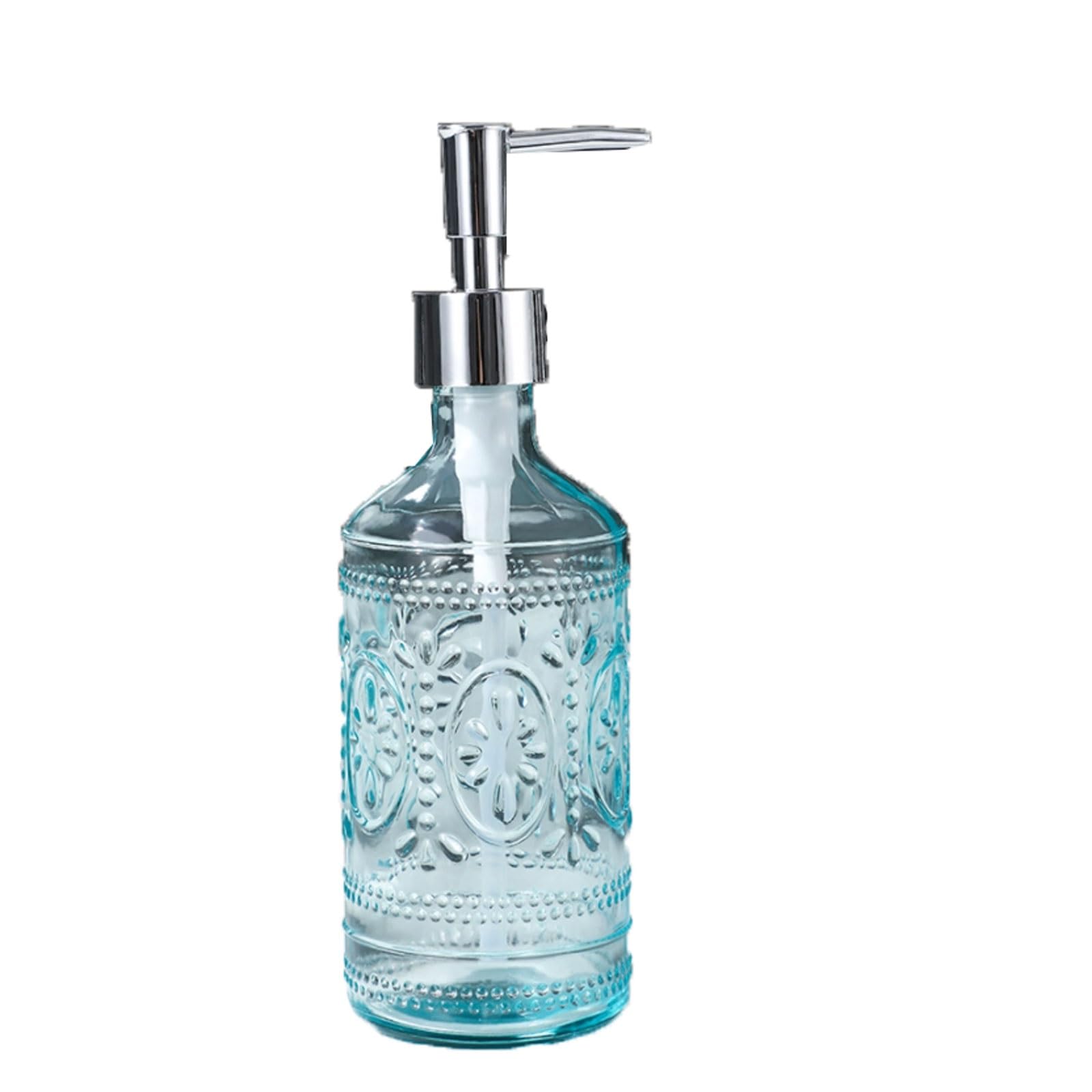 10.1oz Glass Soap Dispenser with Bead Relief Design Crystal Clear Countertop Lotion, Alloy Pump(Blu,6.7 * 21cm)
