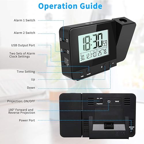 Miniatura 6 de Jhua Reloj despertador de proyección digital regulable con higrómetro de temperatura interior, cargador USB, pantalla LCD, relojes despertadores