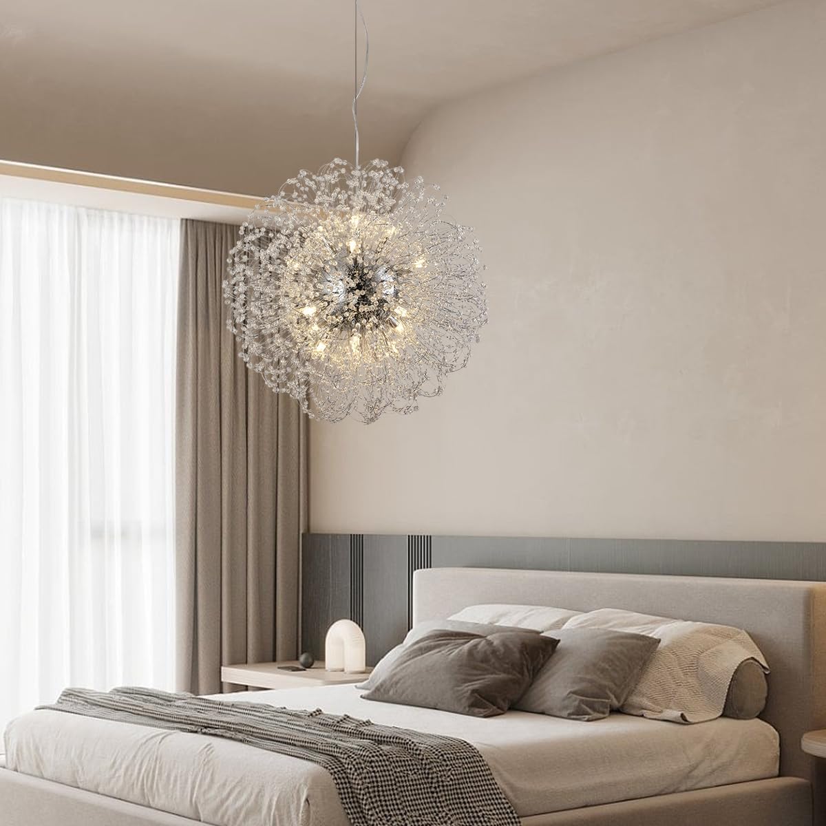 Dandelion Crystal Chandelier with Chrome, Modern Large Sputnik Hanging Lamp, Sunflower Beaded Pendant Light Fixtures High Ceiling for Living Room Bedroom Dining Room (Chrome 16Lights)