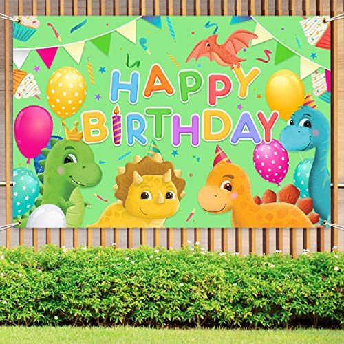Dinosaur Happy Birthday Party Yard Sign Banner, Cartoon Triceratops, pterosaurs, long-necked dragons, stegosaurus Theme for Birthday Party Props Wild Forest Dinosaur Backdrop Background Party Supplies Decorations, Indoor Outdoor 72x48 Inch