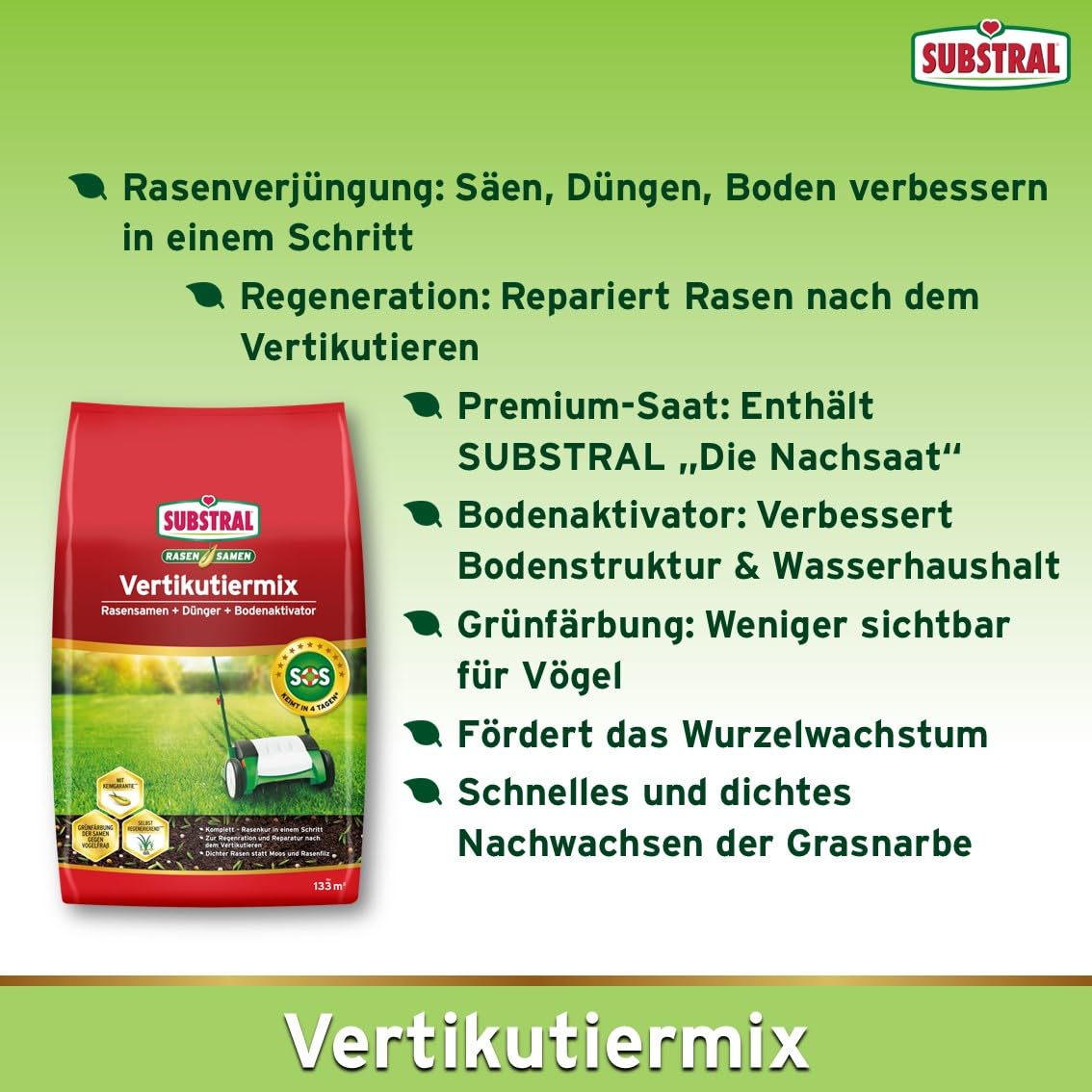 Substral Mieszanka wertykulatora do naprawy trawnika z nasionami trawy, nawozem do trawnika i aktywatorem gleby, do 133 m² kg, worek 4 kg