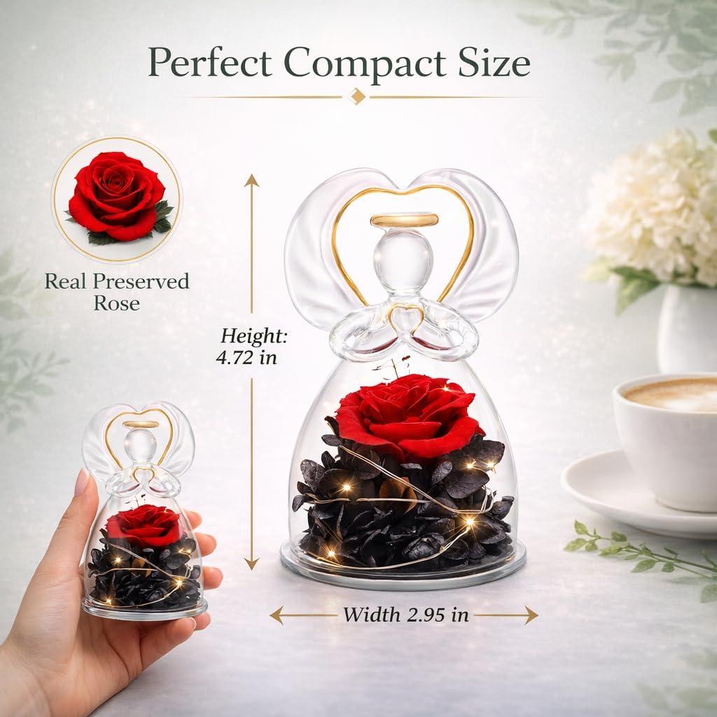 Preserved Rose Angel Glass Dome with LED Light, Real Eternal Flower Gift for Women Mom Girlfriend, Handmade Romantic Gift for Anniversary Birthday Mother's Day