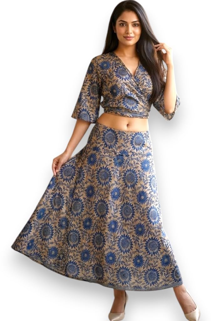 Kimono Top and Midi Skirt Set, Paisley Print (Blue…, Free Size)