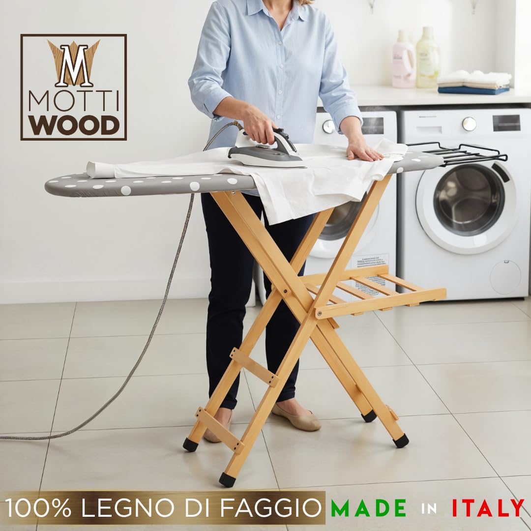 Asse da Stiro Premium, 100% Legno Massiccio di Faggio, Tavola da Stiro con Fori Traspiranti, Pieghevole, 3 Posizioni, 143x37,5x93,5, Made in Italy