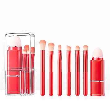 SKINPLUS 8 PCS Makeup Brush Set, 8 in 1 Portable Brush Set, Small Multifunctional Cosmetic Brushes with Portable Case (Red)