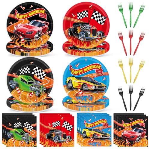 96 Pcs Hot Car Party Supplies Colorful Race Car Paper Plates and Napkins Racing Theme Happy Birthday Game Tableware Decorations for Birthday Shower Wild Racer Black White Checkered Party Favors