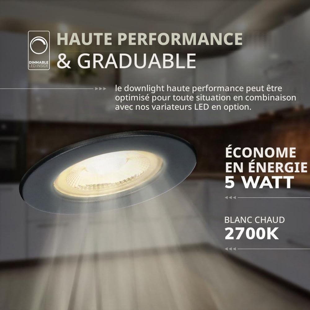 HOFTRONIC - 3x Nola LED Spot encastrable 68 mm Noir - IP65 étanche pour salle de bain, salon et extérieur - 5W 450lm - 2700K extra blanc chaud - spot plafond - spot plafonnier- spot terrasse
