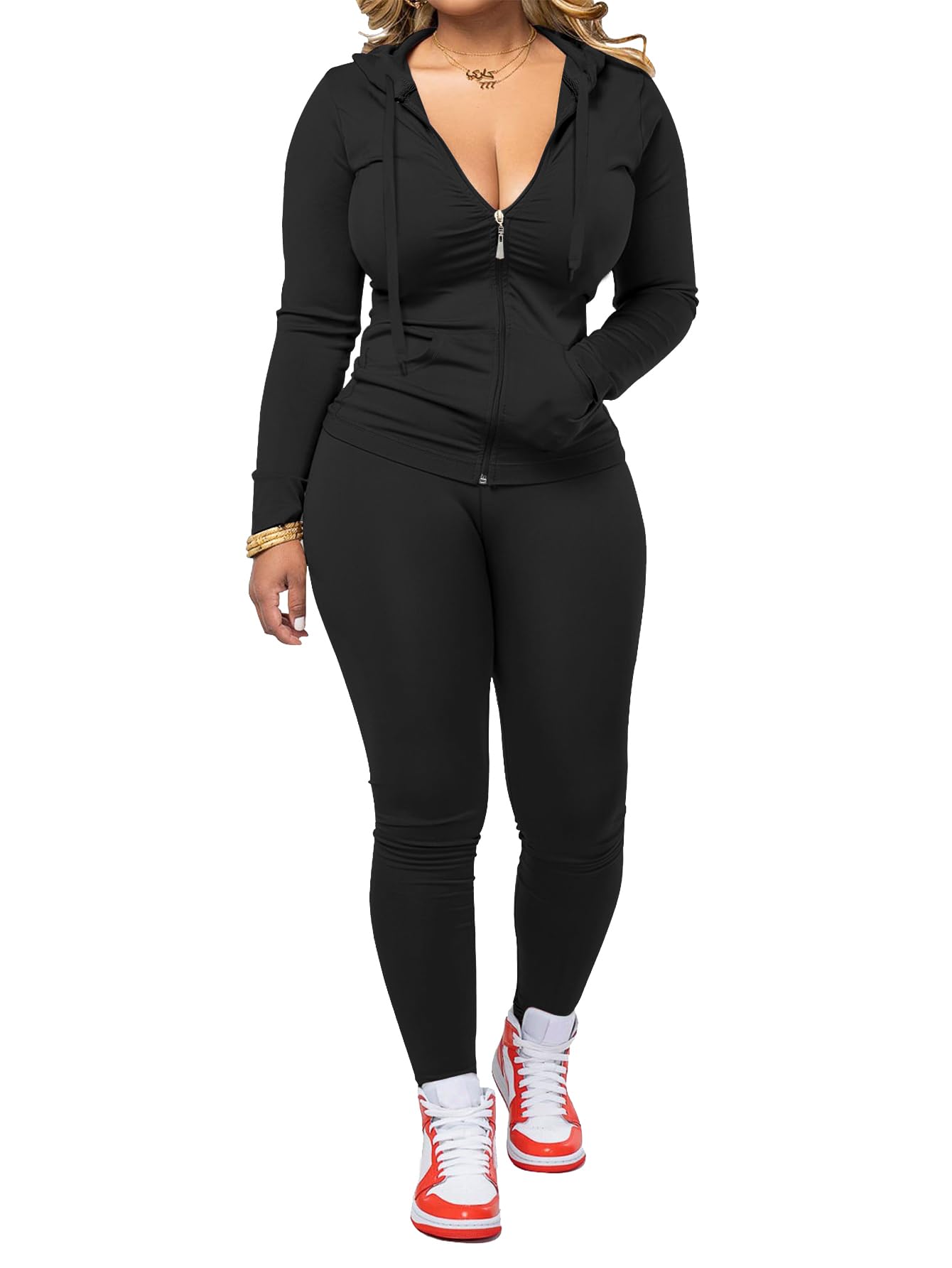 BNGPIKLY Women Two Piece Outfits Workout Sets Bodycon Legging Jacket Tracksuit Zip Up Hoodie Jogger Matching Sweat Pants Set