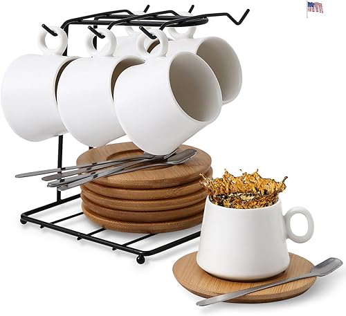 Juego de 6 tazas y platillos de espresso de 3 onzas con soporte y cuchara, juego de tazas de café de porcelana doble Expresso Shot Cup White