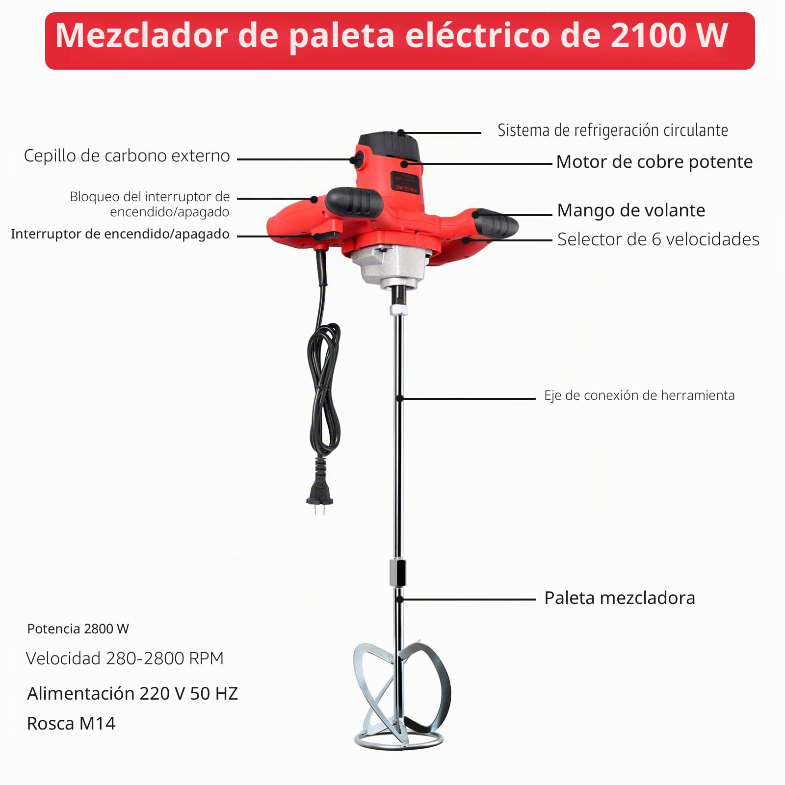 JUSTOOL 2100W Mezclador de Taladro de Hormigón Eléctrico Mezclador de Mortero Eléctrico 220V 6 Velocidades Ajustables 280-2800Rpm Agitador M14 Ajustable para mezclar yeso/pintura/mortero/pegamento