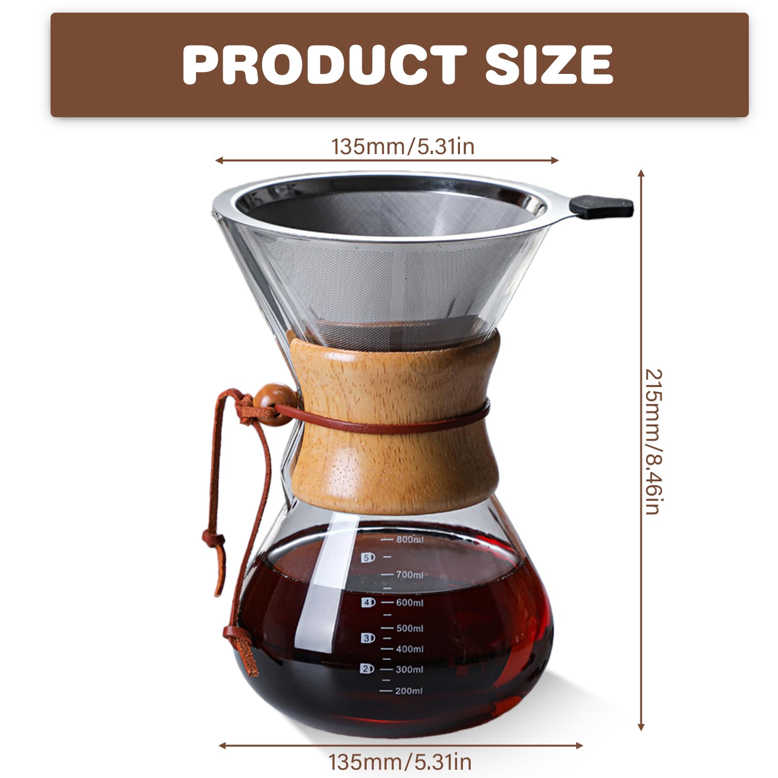 GOMETY Pour Over zaparzacz do kawy, 800 ml, filtr permanentny, zaparzacz do kawy, dzbanek borokrzemowy z dwuwarstwowym filtrem ze stali nierdzewnej, szklanka do warzenia kawy dla aromatycznej