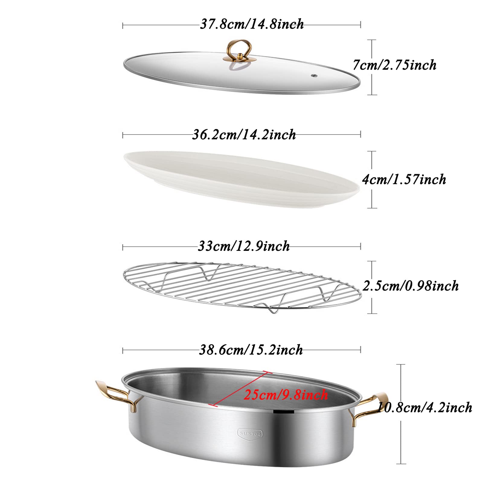Fisch-Dampfgarer aus Edelstahl, elliptischer Bräter, Mehrzweck-Ovaler Nudeltopf mit Gestell, Induktionsgeeignet, spülmaschinenfest/ofenfest, Truthahnbräter (einlagig)