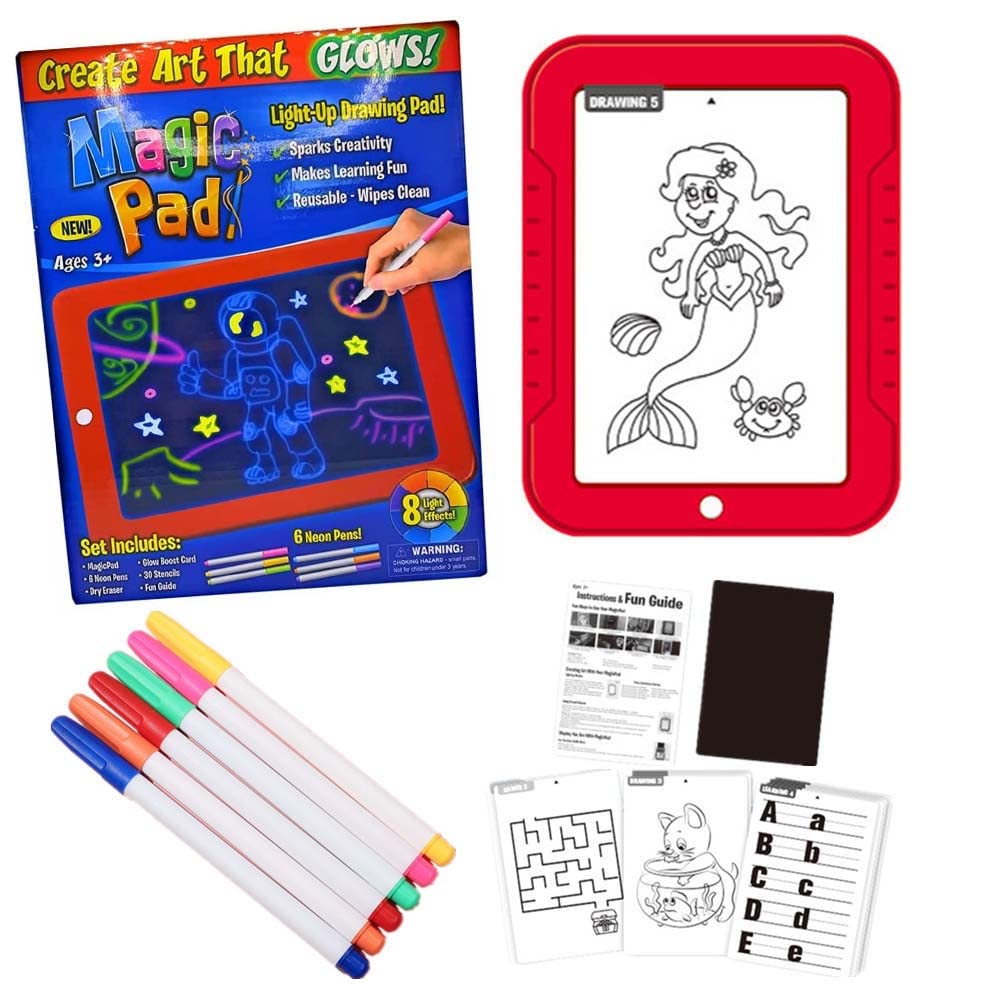 Azonee Drawing Tablet, Magic Pad, Erasable Doodle Drawing Board Includes Smooth Fun Guide Glow Boost, 6 Double Sided Markets, Dry Erasers for Kids Draw Sketch Birthday Presents Gifts Red