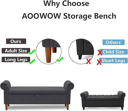 Miniatura 51 de Aoowow Banco de almacenamiento de 63 pulgadas para dormitorio, extremo de la cama, sofá otomano enrollado de tela de terciopelo armado, banco largo