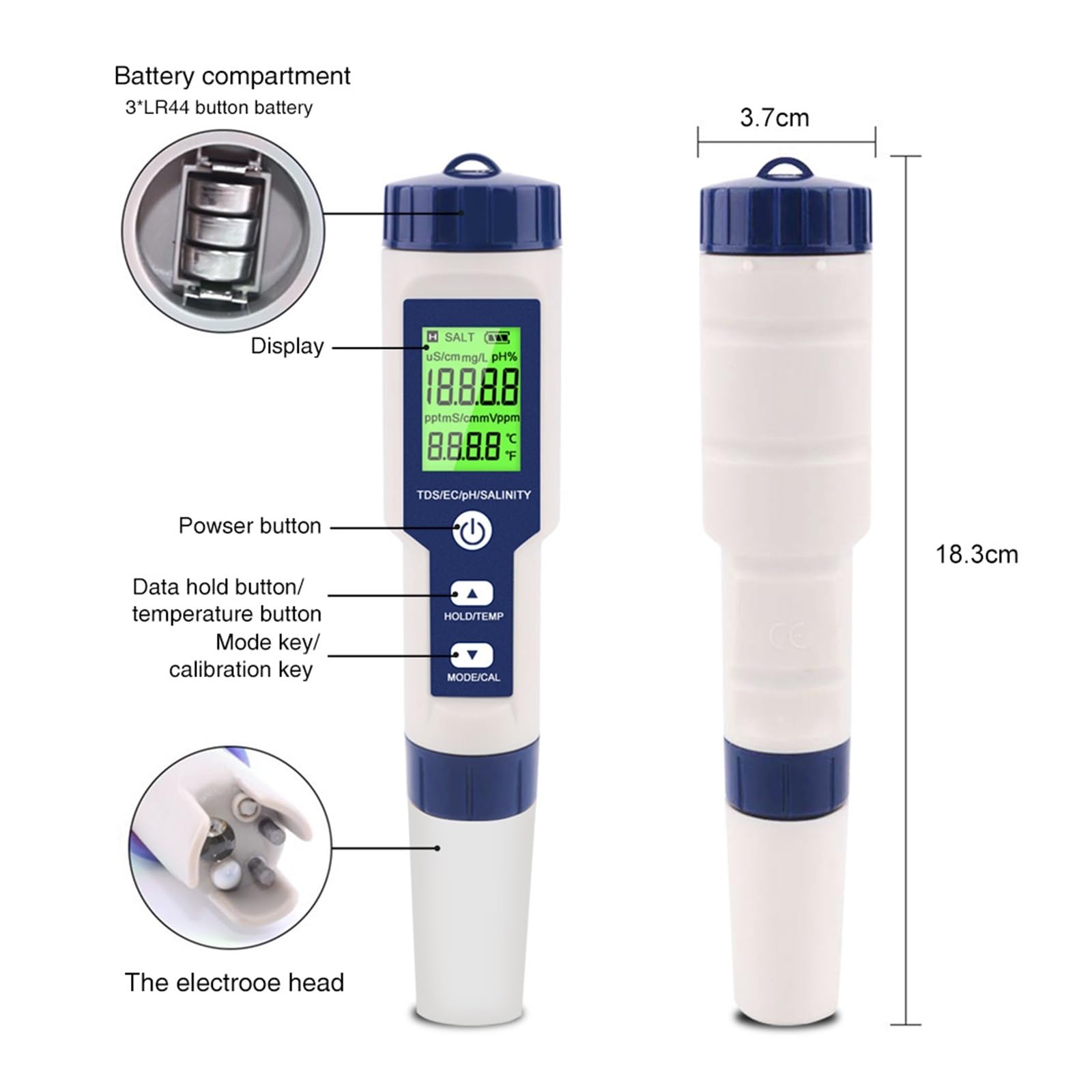 5 w 1 Tester jakości wody cyfrowy LCD PH/TDS/EC/SALT/miernik temperatury EZ 9909 monitora do basenów akwariów z wodą pitną,Precyzyjny tester