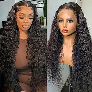 13x6 Deep Wave Lace Front Wigs Human Hair Pre Plucked 200% Density Deep Curly HD Transparent Lace Frontal Wigs for Women Glueless Virgin Brazilian Curly Human Hair Wigs 26 inch