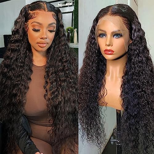 13x6 Deep Wave Lace Front Wigs Human Hair Pre Plucked 200% Density Deep Curly HD Transparent Lace Frontal Wigs for Women Glueless Virgin Brazilian Curly Human Hair Wigs 26 inch