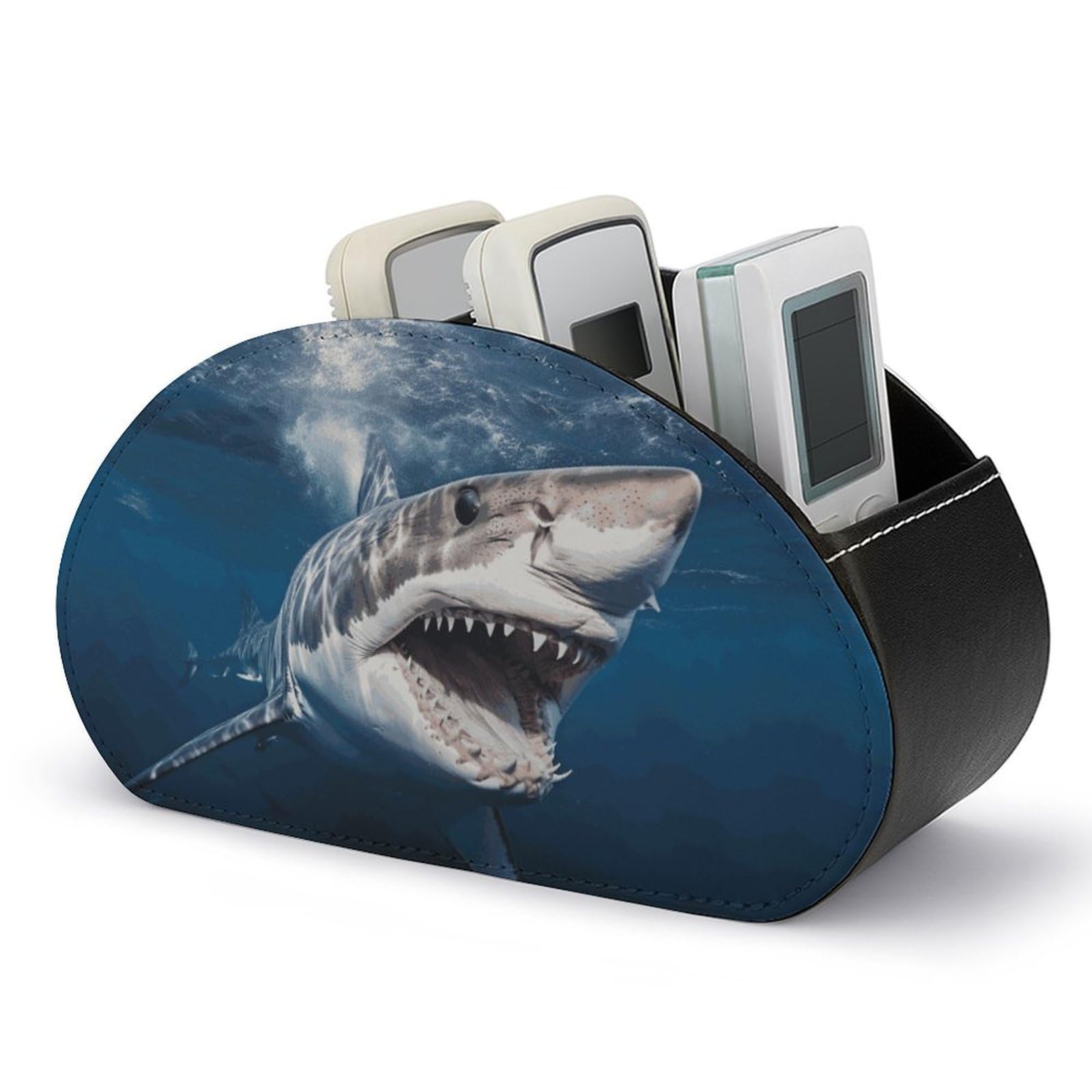 Great White Shark Opens Mouth Remote Control Holder with 5 Compartments Modern PU Leather Nightstand Caddy Organizer Leather Control Storage TV Remote Control Organizer Box