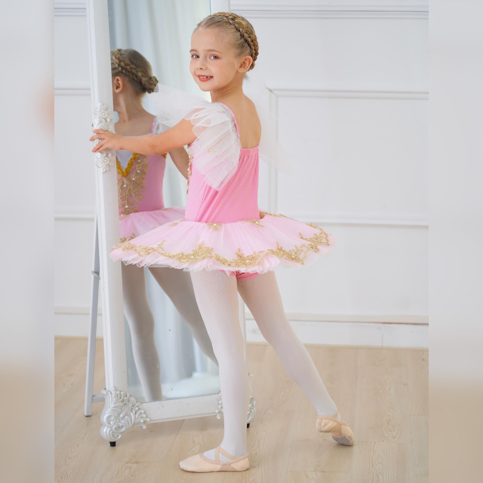 IBTOM CASTLE Maillot Ballet Niña Pluma Bordada Disfraz Bailarina Tutu Princesa Elegante Mallot Patinaje Artistico Competicion Niña