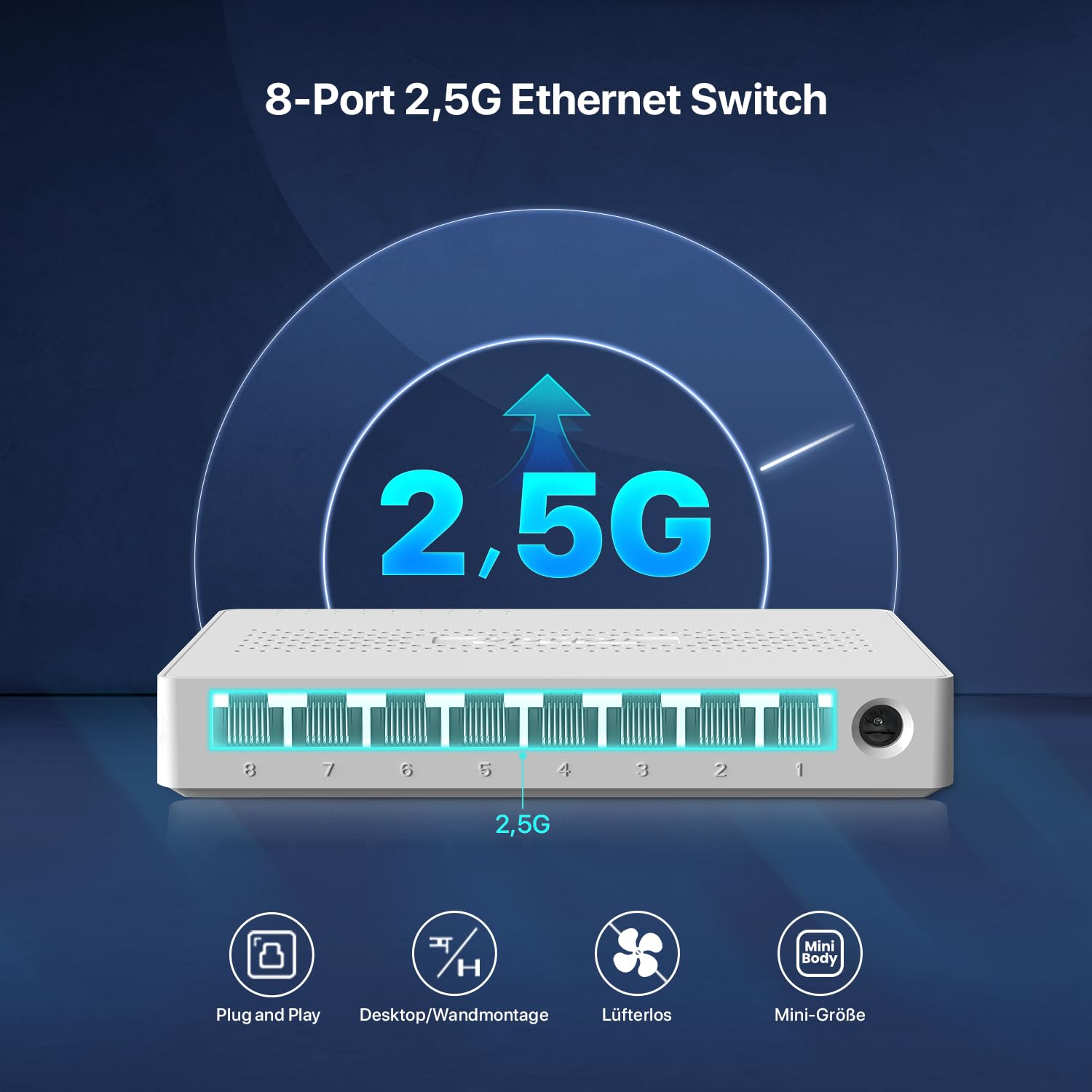 Tenda SE108 2.5 Gbit Switch 8 Port, Unmanaged 2.5GB Netzwerk Switch LAN Splitter (Plug-and-Play Ethernet Switch, Lüfterlos, Desktop-/Wandmontage, Ideal für 2,5G NAS, Server, WiFi 6/7 AP, Gaming-PC)