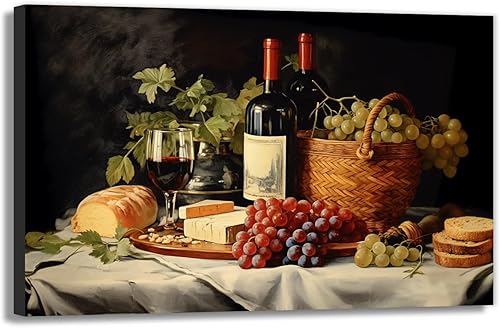OAAPITI Cuadros de cocina, decoración de pared, acuarela, vino, uva, pan, lienzo, pinturas abstractas de alimentos de frutas para comedor, granja,