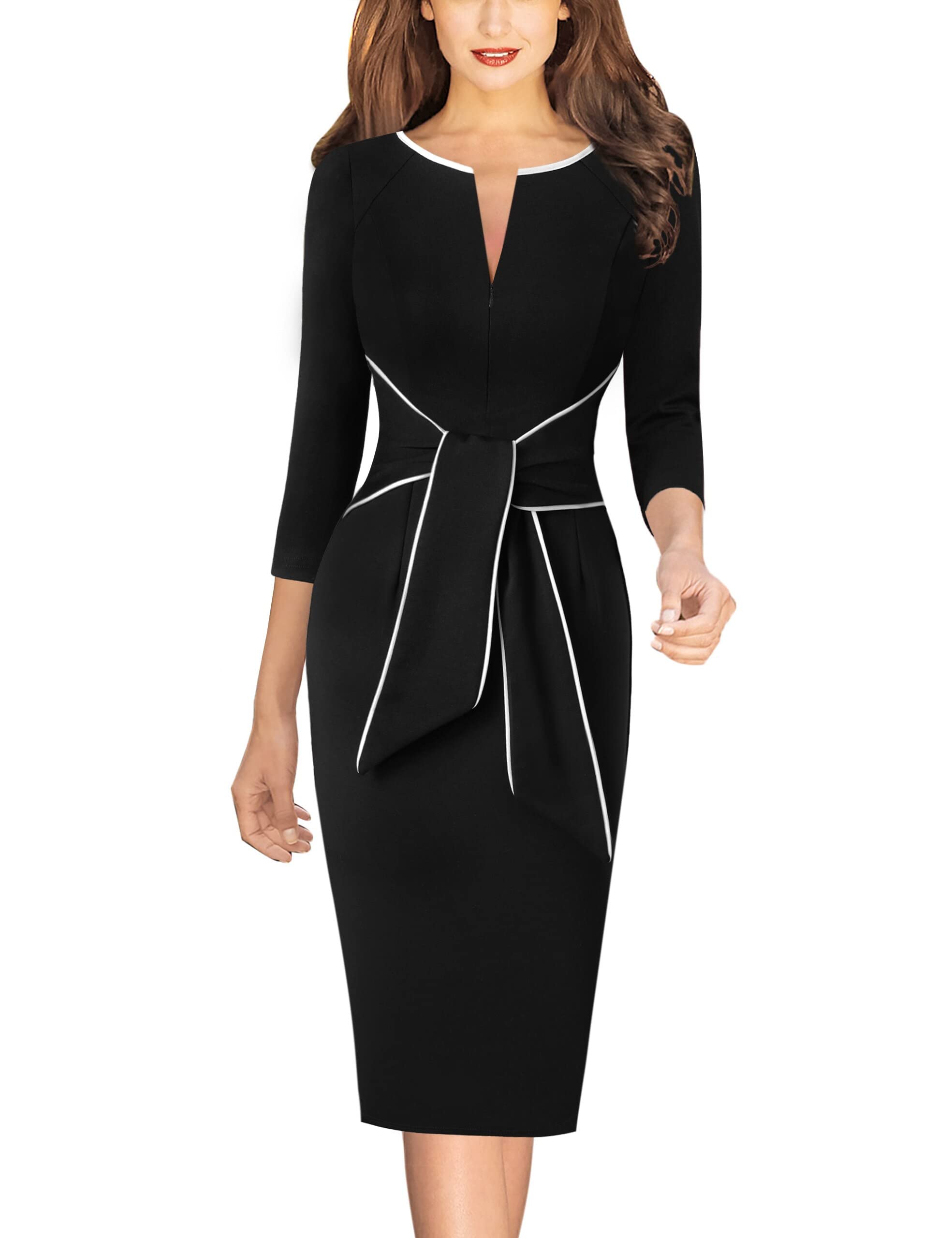 VFSHOW Womens Front Zipper Tie Waist Bow Work Business Office Pencil Dress