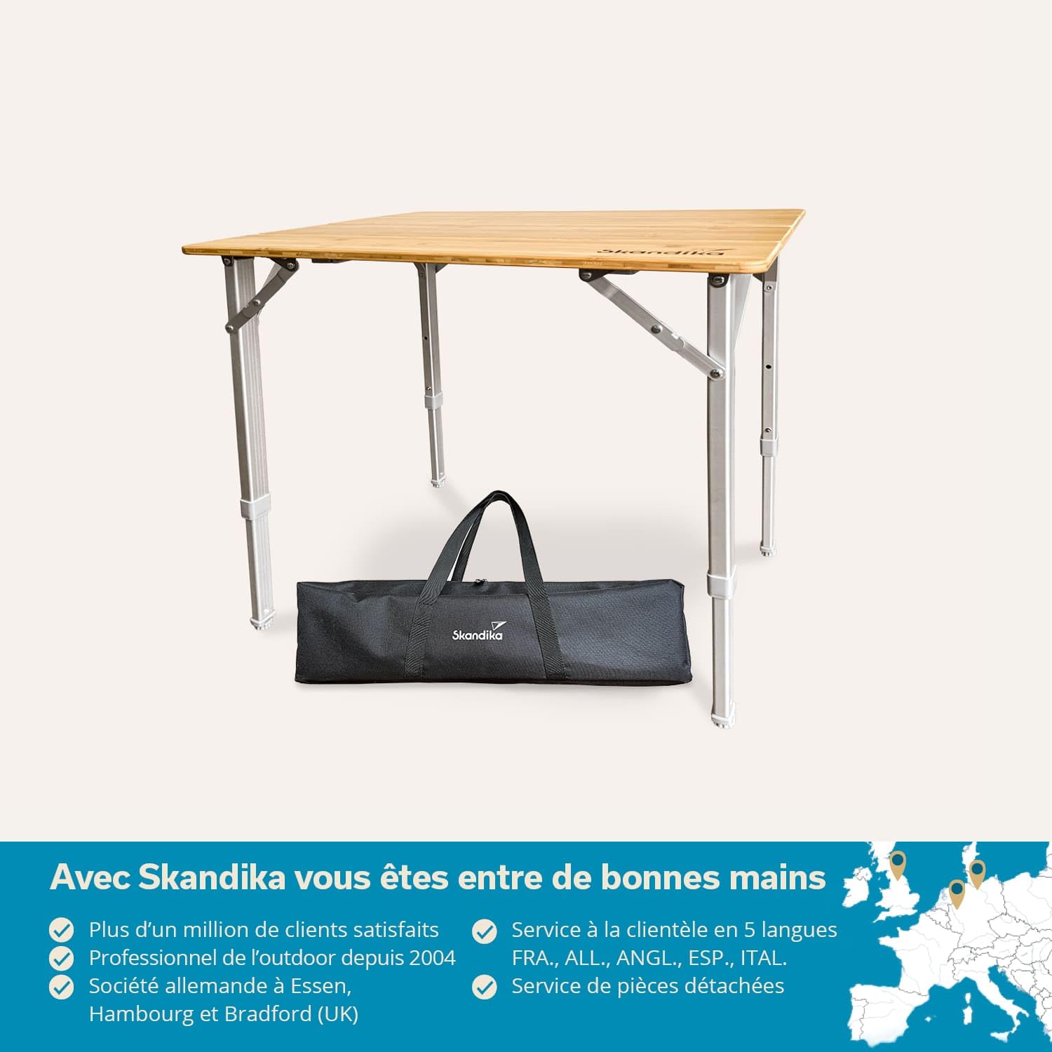 Skandika Table de Camping en Bambou Tolja | Table Pliante, différentes Tailles, réglable en Hauteur, alu, Bois, résistante aux UV et intempéries | Table Pliable pour Jardin, Balcon (65 x 50 x 65 cm)