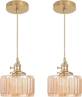 Plug-in Pendant Light With Striped Glass Shade - Vintage Style, Adjustable Cord, Easy Install