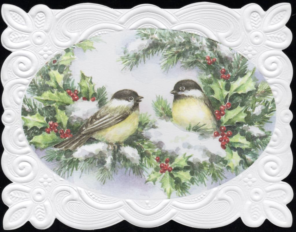 Poster Foundry Christmas Holiday Chickadee Birds Boxed Note Cards by Carol Wilson. 10 embossed 4x5 Die-Cut Notecards and Matching Envelopes in Decorative Gift Box with Magnetic Flap. NCPX2043