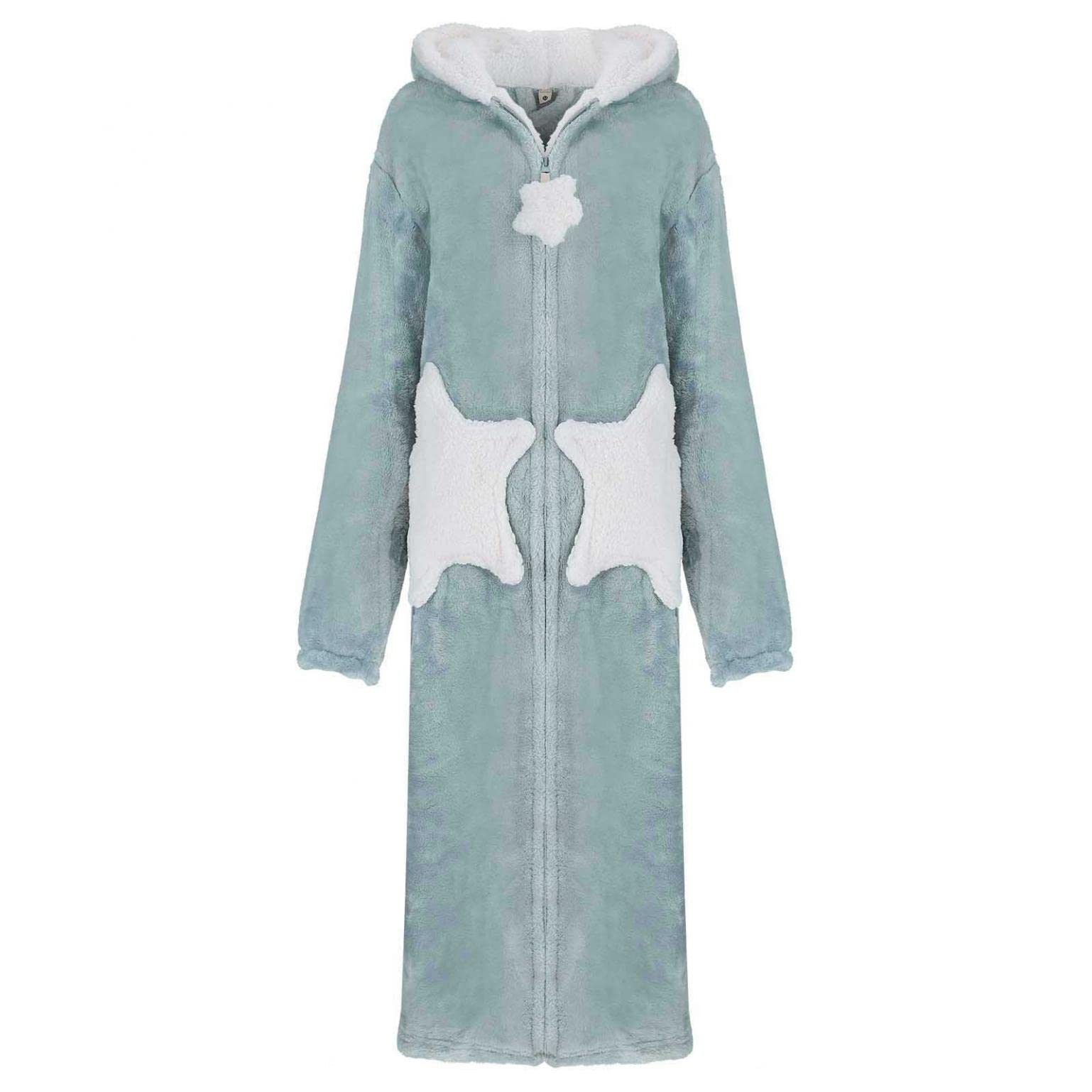 IQYU Albornoz de mujer con cierre de cremallera, bata de rizo para mujer, largo, mullida, de algodón, cálido, de rizo, de manga larga, para sauna, Ablau., XL