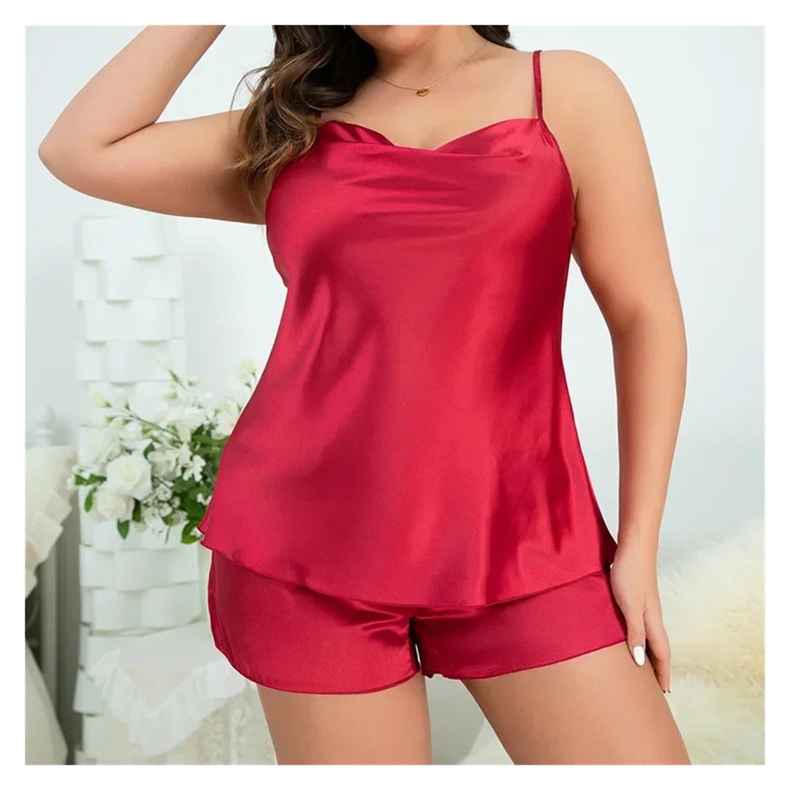 Pigiami Sexy Bretelle Pigiama da Donna in Raso di Seta Taglie Forti, Senza Maniche, con Scollo a Cappuccio, Pantaloncini, 2 Pezzi, Tinta Unita, da Notte, da Donna, for la casa