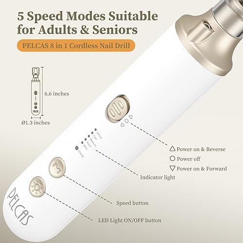 Miniatura 8 de PELCAS Taladro de uñas inalámbrico 8 en 1, lima de uñas eléctrico de 5 velocidades, kit de manicura y pedicura con luz LED, removedor eléctrico de