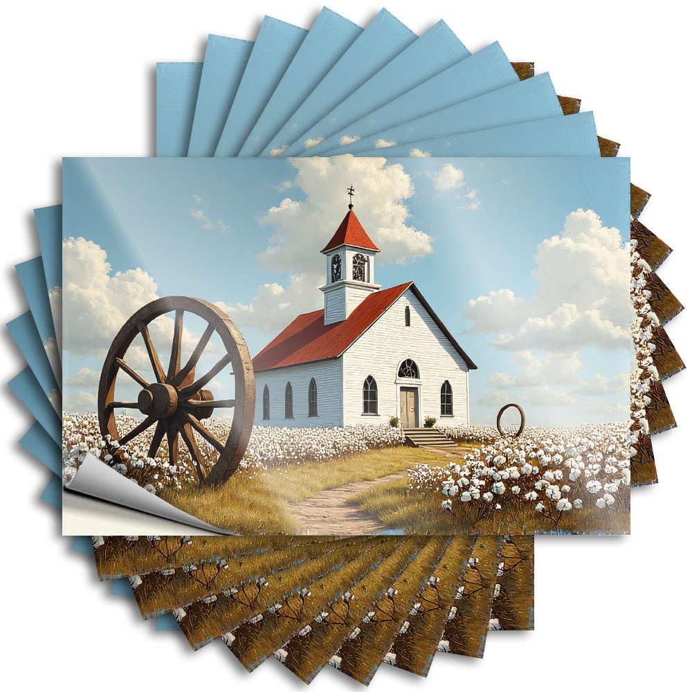 Vintage Bar Decor Sticker Hard | A Quaint White Church with A Red Roof Stands Amidst Blooming Cotton Fields Fall Halloween Sticker Pack(6X9CM)