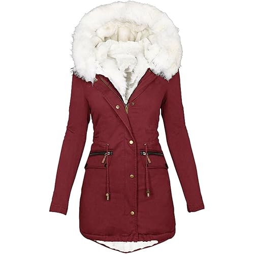 maisdgop Winter Coats for Women Long Sleeve Lamb Wool Cotton Coat Thick Jacket with Plush Hooded Mid Length Sherpa Outerwear